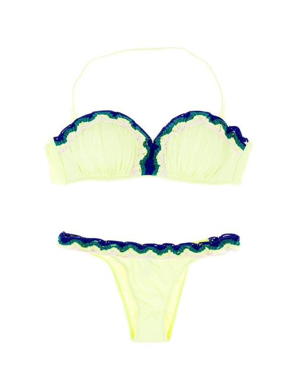 Yellow Shell Shape Bandeau Bikini Blue Macramé Sides Macrame Lime