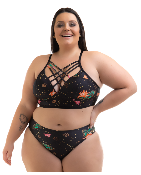 Plus Size Printed Black Strappy Crop Top Bikini - Bikini Alycia Preto