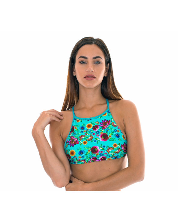 Blue Flower Print Cross Back Crop Top Style Bathing Suit Top