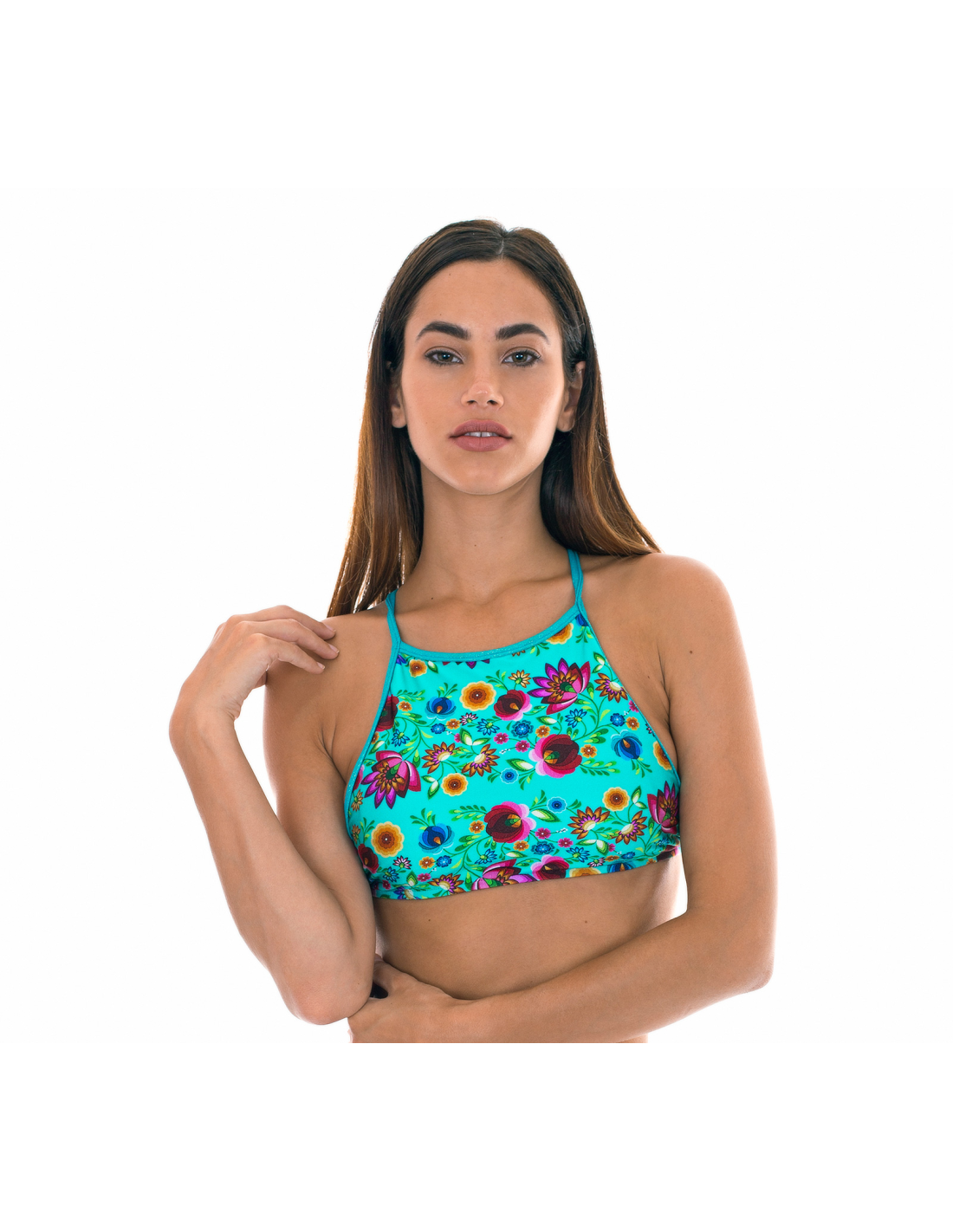 Blue Flower Print Cross Back Crop Top Style Bathing Suit Top