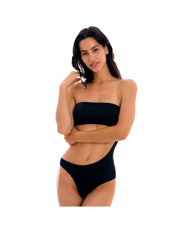 左右非対称の黒いバンドゥワンピース水着 Preto Body-Rio