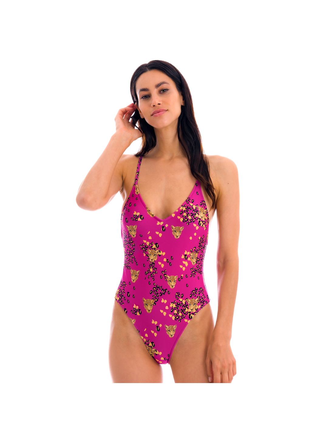 ピンクのヒョウ柄入りハイレグワンピース水着 Roar-Pink Hype