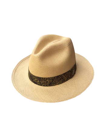 Handmade Beige Panama Hat With A Black Mandala Ribbon -...