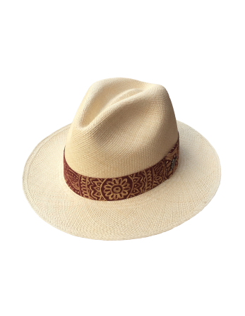 Handmade Beige Panama Hat With Burgundy Mandala Ribbon -...