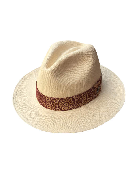 Handmade Beige Panama Hat With Burgundy Mandala...