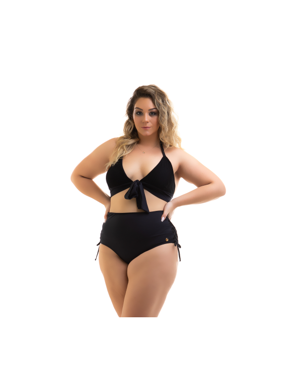 Plus Size Black Bi-Material High Waist Bikini -...