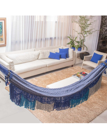 Hamac Coton Recyclé Bleu Imprimé Et Macramé Bicolore 4M X... 2