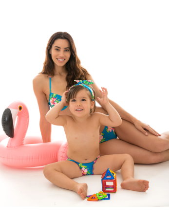 Çiçek Desenli Mavi Kız Bebek Yüzme Bezisi Ve Saç Bandı -...