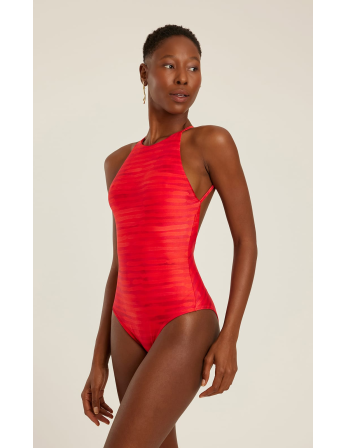 High Neck Straps One Piece Stripe Flora 2
