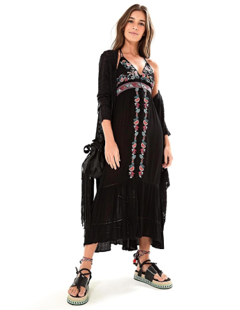 Lang Svart Strandkjole Med Broderi - Vestido Longo Farm...