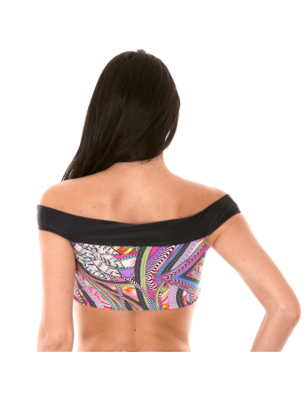 Crop Top De Bain Multicolore, Col Bardot Noir - Soutien... 2
