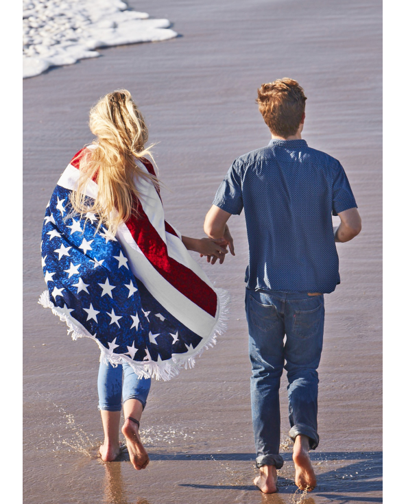 Fringed Round Beach Towel With Usa Flag -...