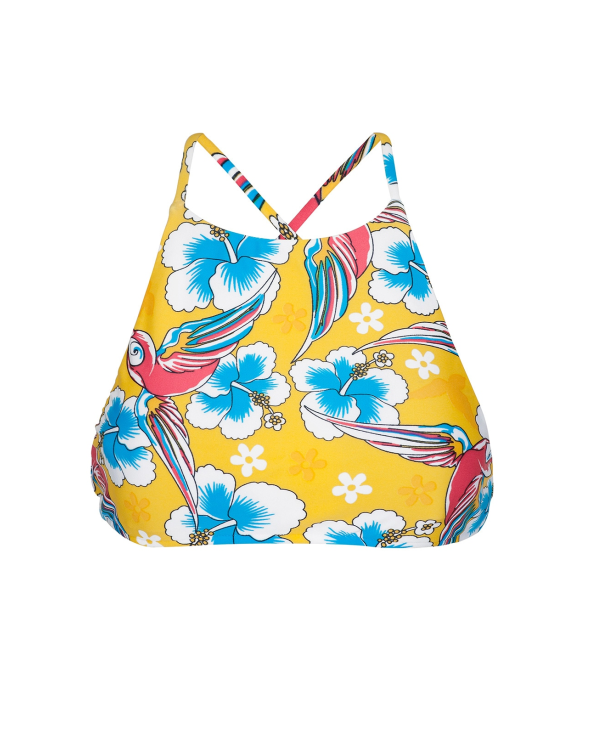 Yellow Printed Swimsuit Crop Top, Cross-Over...