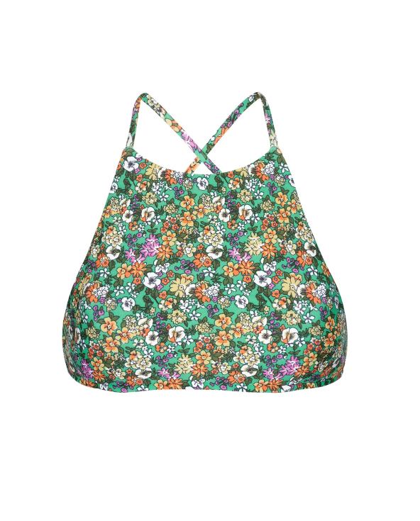 Green Floral Swimsuit Crop Top, Cross-Over Back...