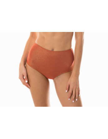 High-Waisted Brazilian Bikini Bottoms In Copper Lurex -...