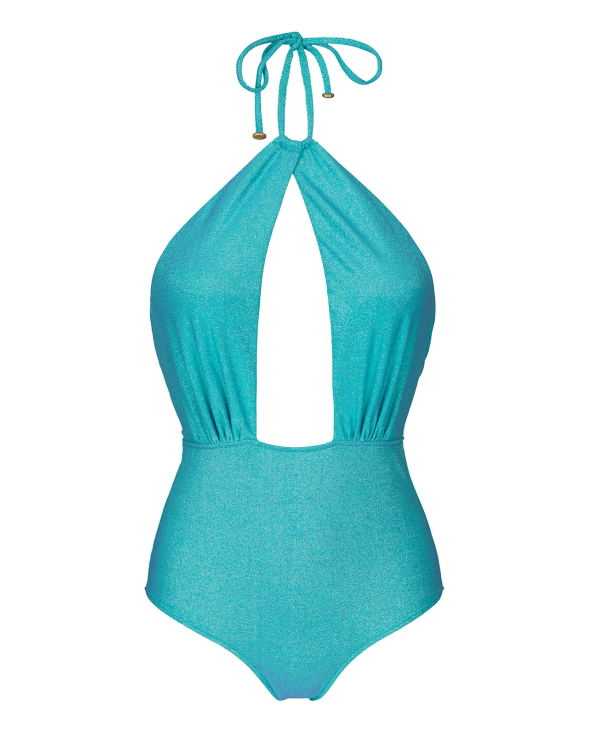 Blue Lurex Deeply Plunging One-Piece Swimsuit -...