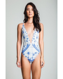 White Deep Plunging Neckline Swimsuit With Plam Tree Print - Decote V Palmeira