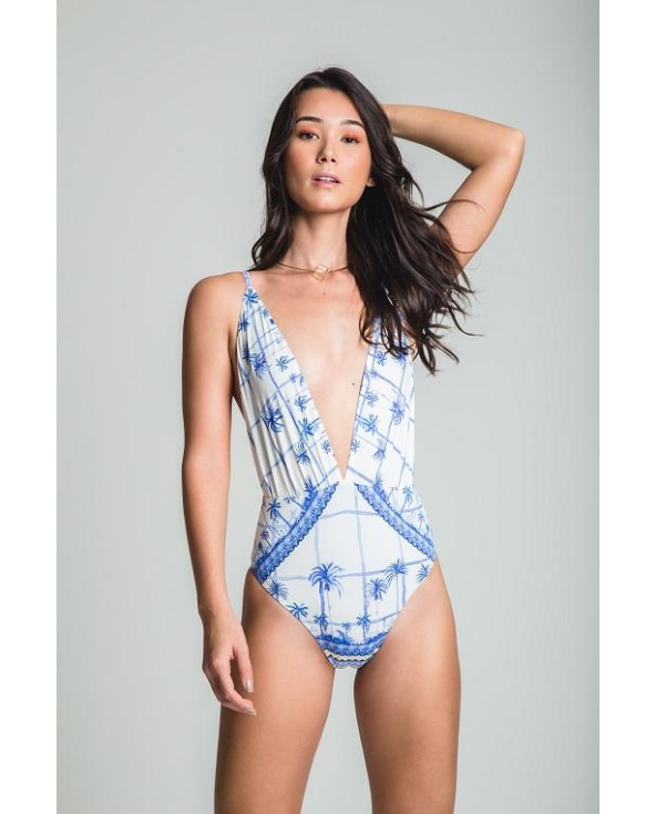 White Deep Plunging Neckline Swimsuit With Plam...