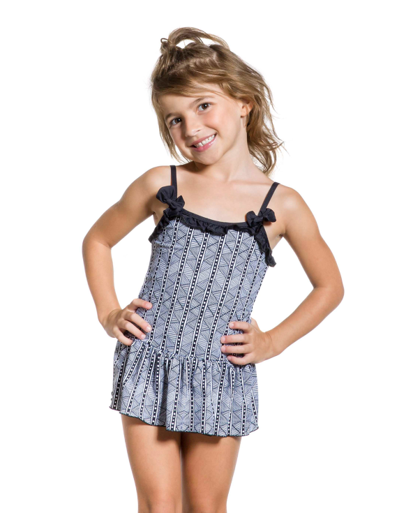 スカートボトムが付いた黒と白の女の子用水着 - Bolinha Branca