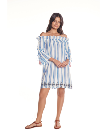 Bardot Neckline Striped Beach Dress - Viento Blue Stripes