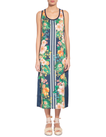 Vestido Comprido S/ Mangas, Flores E Riscas Verticais -...