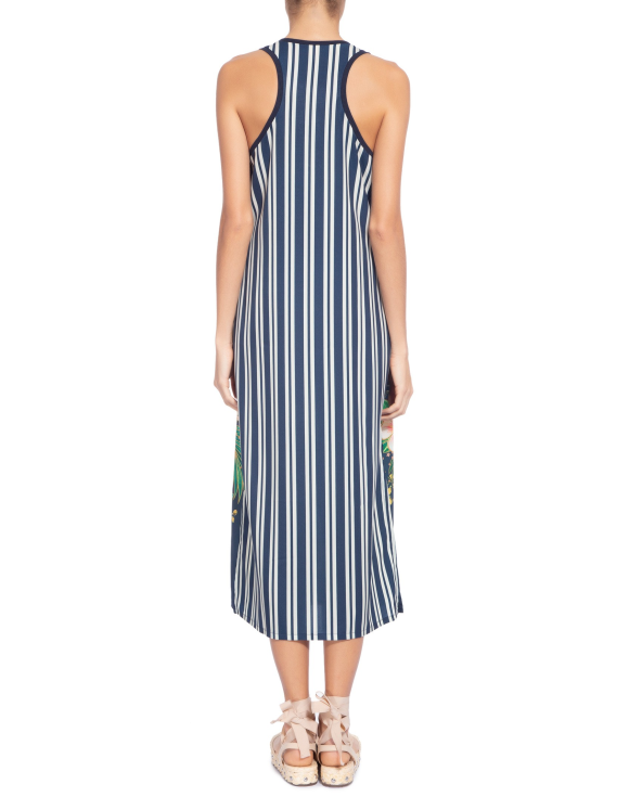 Long Sleeveless Dress In Flowers And Vertical...