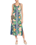 Long Sleeveless Dress In Flowers And Vertical Stripes - Vestido Cropped Limões Cítricos