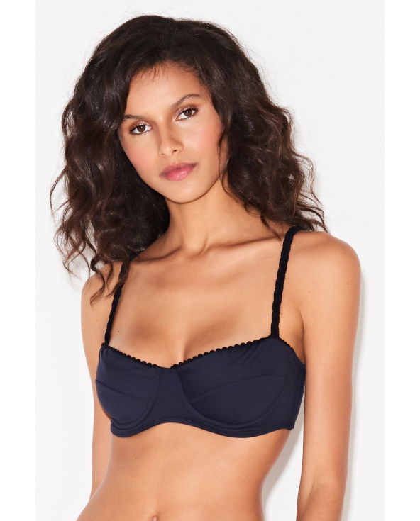 サイドが編まれた黒いバルコネットトップ - Top Sonho Preto