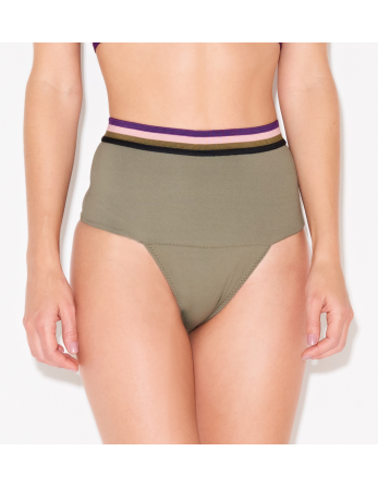 Khaki High Waisted Bikini Bottom With Elastic Band -...