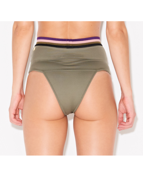 Khaki High Waisted Bikini Bottom With Elastic...