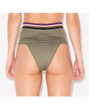 Khaki High Waisted Bikini Bottom With Elastic Band - Bottom Band Verde
