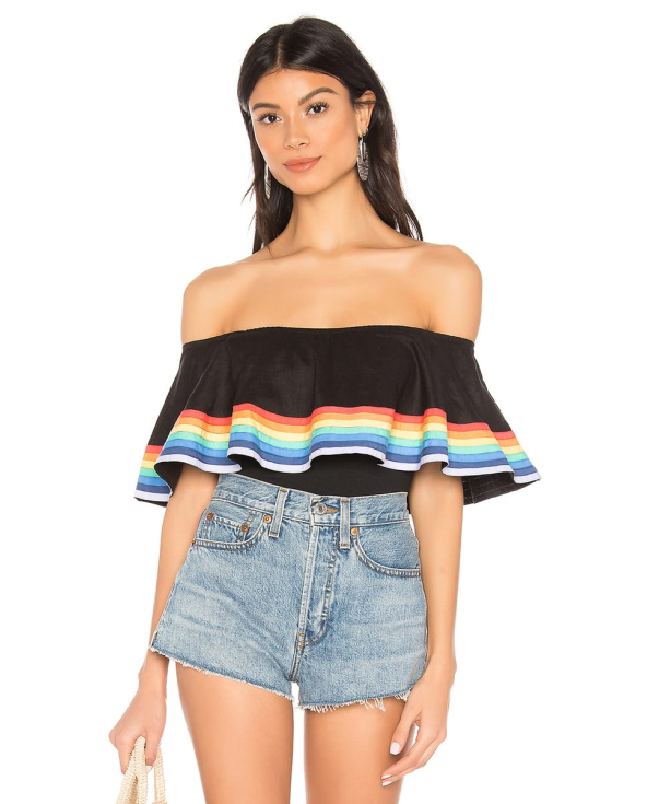 Black Off-The-Shoulder Swimsuit With Rainbow...