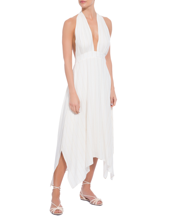 Long Ecru Beach Dress With Pinstripes - Vestido...