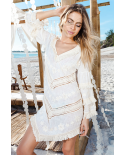 White Long Sleeve Beach Dress With Fringes - New Tribal Vanilla