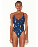 Navy Blue One-Piece Swimsuit With Mystical Hands Motif - Maio Cheeky Mystic