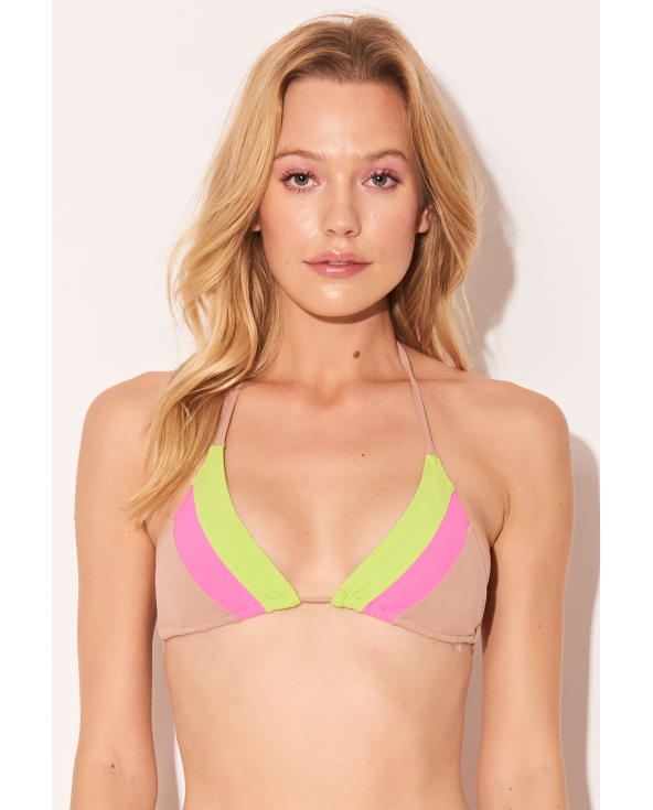 Tricolor Nude Pink Yellow Triangle Bikini Top -...