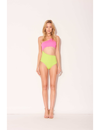 Lime Yellow & Pink Asymmetric One-Piece Swimsuit - Maio...