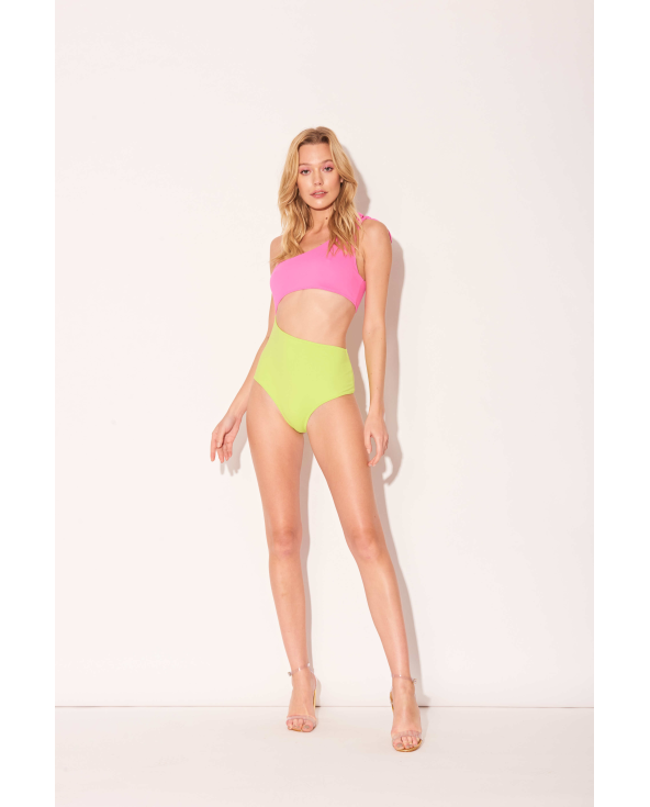 Lime Yellow & Pink Asymmetric One-Piece...