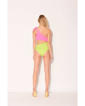Lime Yellow & Pink Asymmetric One-Piece Swimsuit - Maio Assimetrico Rosa