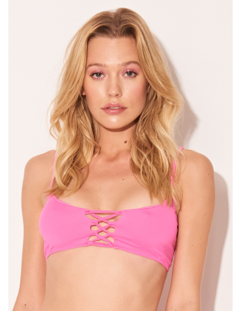 レースのネックラインが施されたピンクのブラビキニトップ - Top Fino Rosa