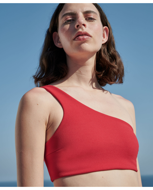 Bikini Rosso A Vita Alta Con Top Asimmetrico -...