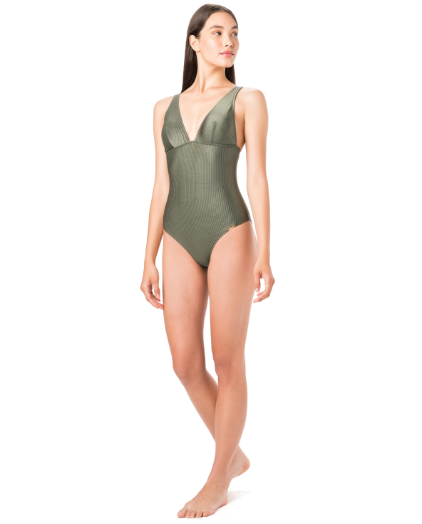 Khaki Ribbed Brazilian One-Piece Swimsuit -...