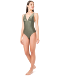 Khaki Ribbed Brazilian One-Piece Swimsuit - Maio Longo Verde Liso Canelado