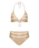 Luxurious Gold High Waisted Bikini With Transparent Details - Metallic Long Triangle Bikini With Tulle