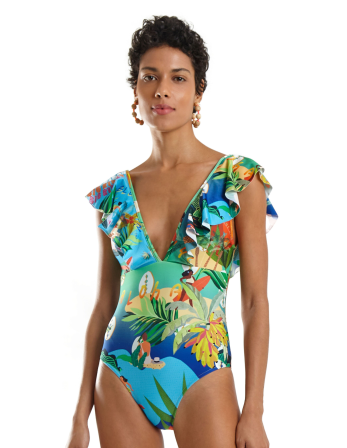 Tropical Print Ruffle Neckline One-Piece Swimsuit - Maio...