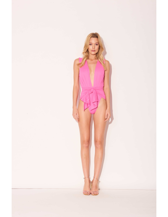 Pink Plunging One-Piece Swimsuit With A Front Tie - Band...