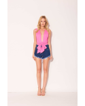 Pink Plunging One-Piece Swimsuit With A Front Tie - Band Maio Rosa