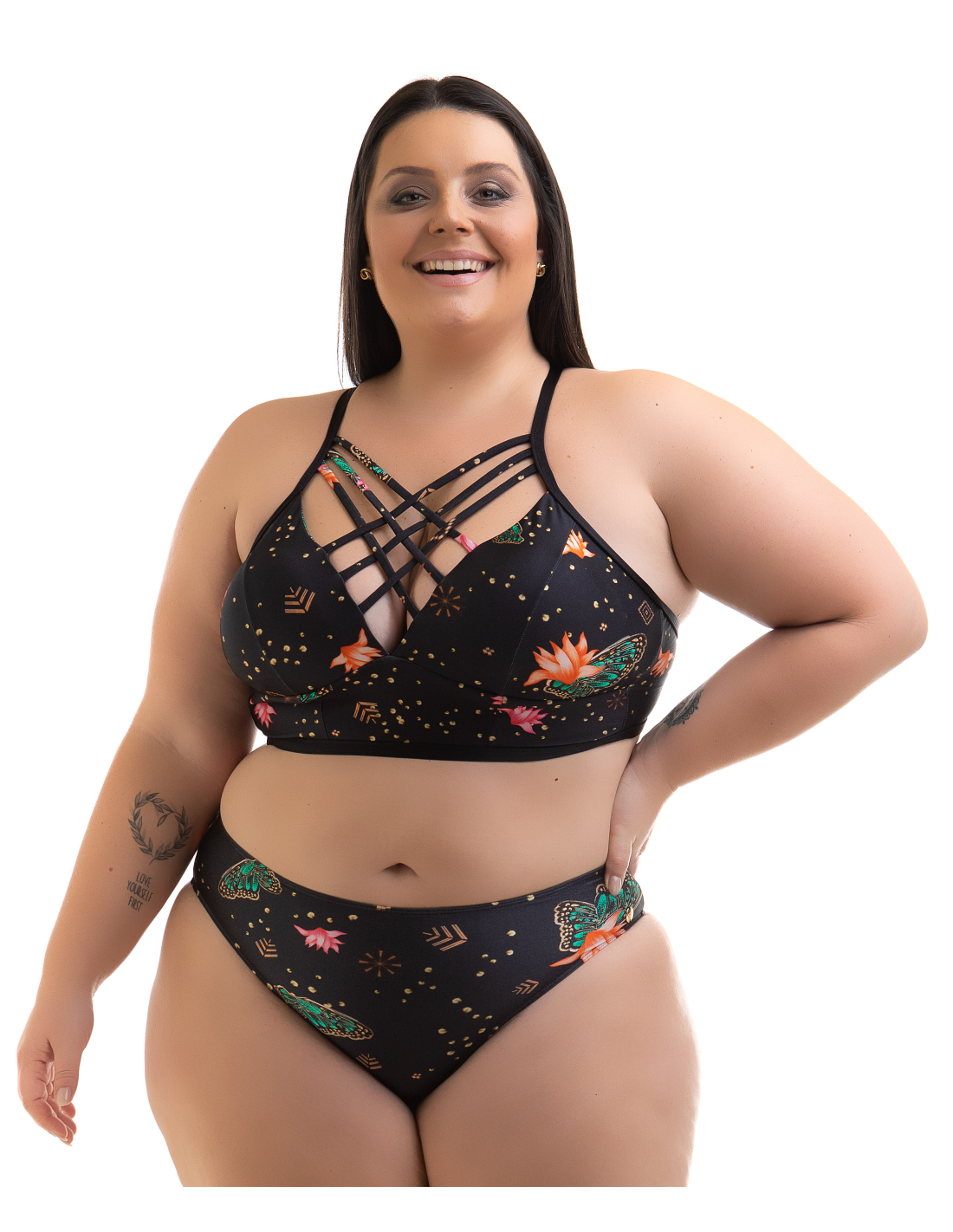 黒い柄入りのプラスサイズストラップクロップトップビキニ Bikini