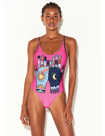 Pink & Navy One-Piece Swimsuit With Mystical Hands Motif...