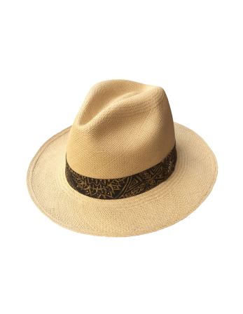 Véritable Panama Beige Fait Main Ruban Mandala Noir -...